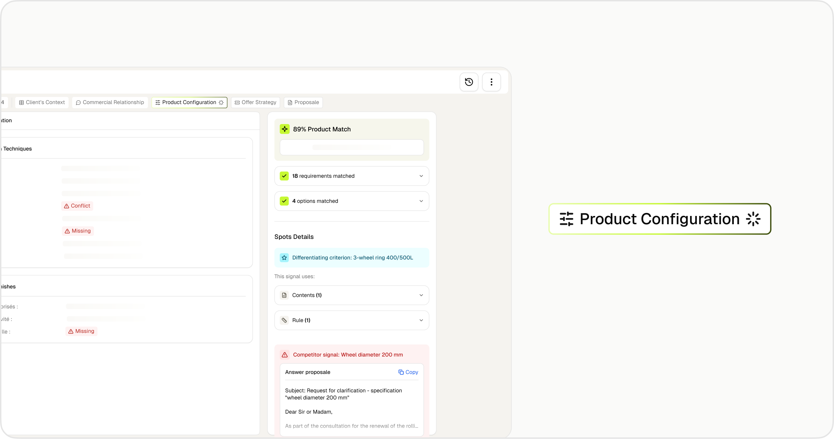Steero — Product Configuration screen