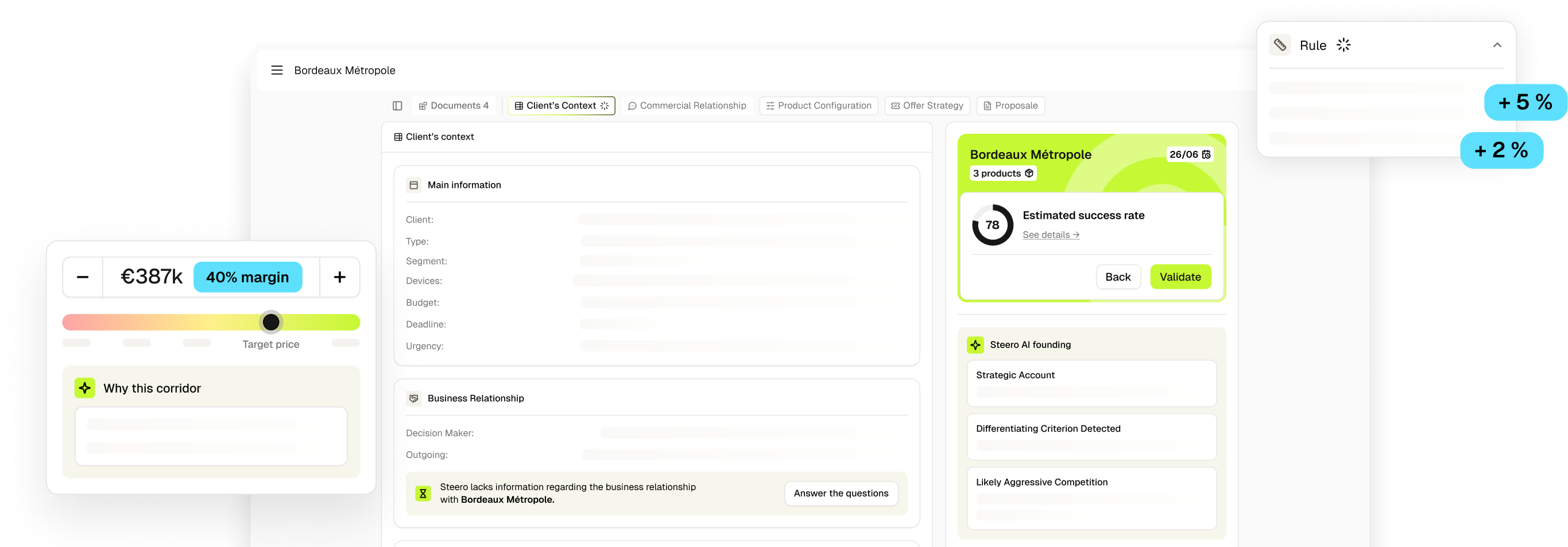 Steero deal workspace — Bordeaux Métropole client context with pricing corridor and AI rule guidance