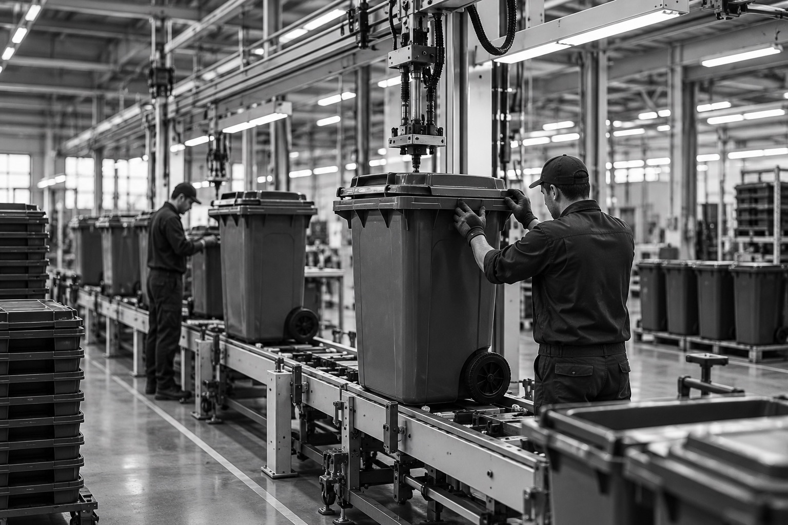 Municipal waste containers on the assembly line