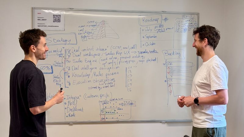 The Steero team mapping the product at a whiteboard